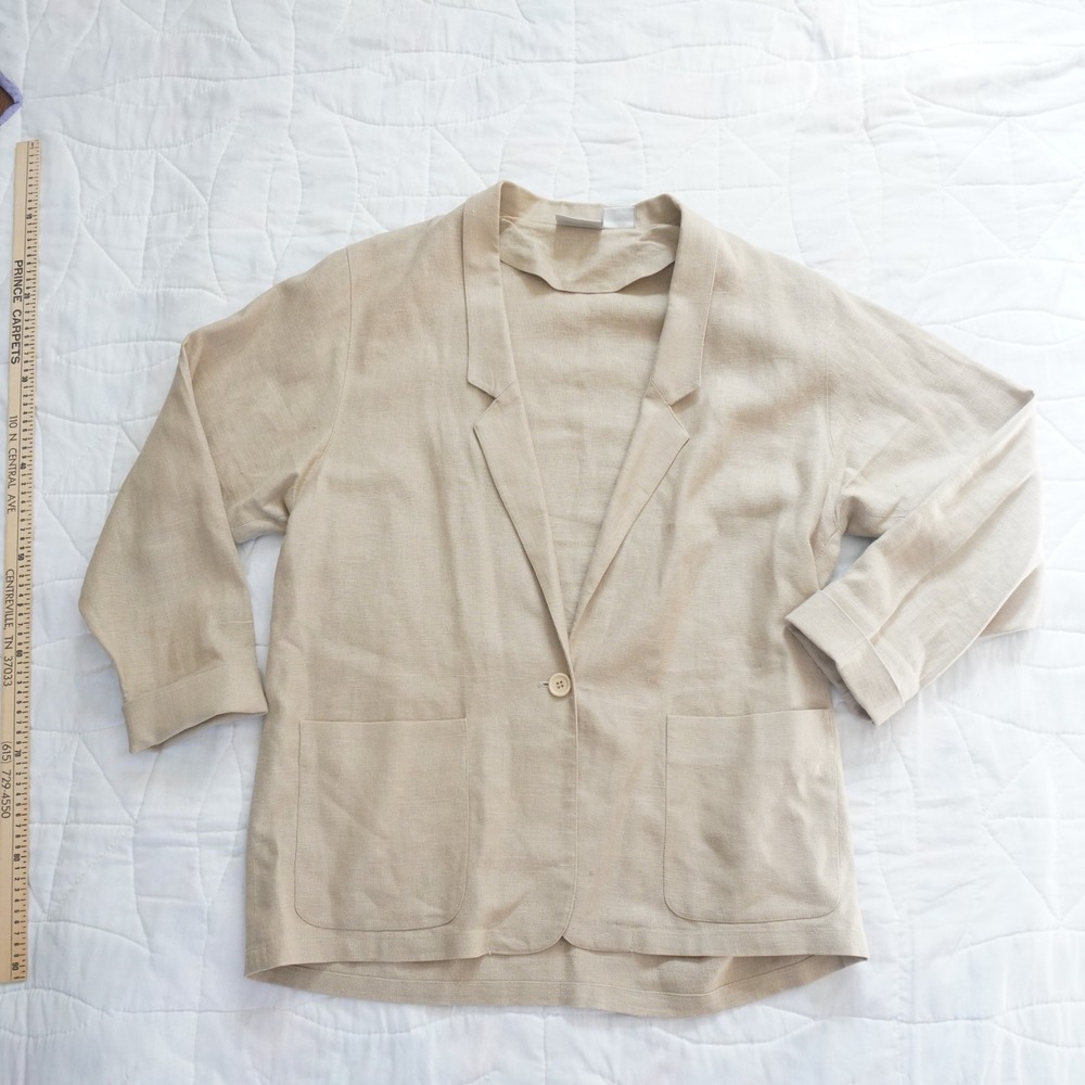 VTG Nordstrom Womens Beige 100% Ramie Blazer long Jacket 14 Lagenlook Minimalist